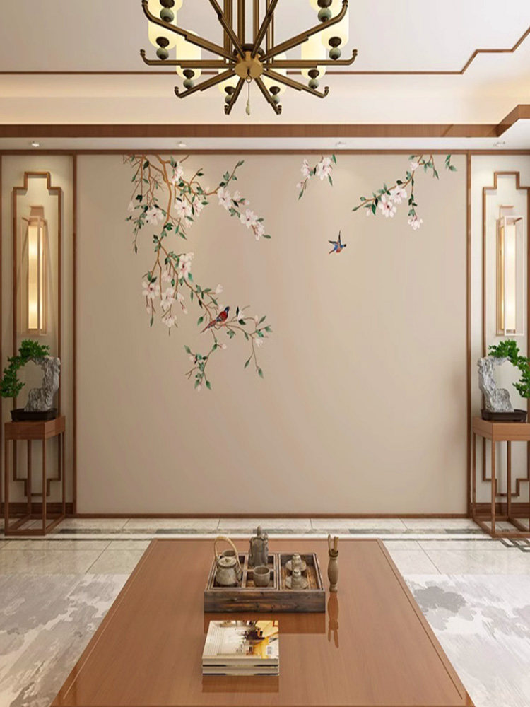 新中式墙布古风花鸟壁画电视背景墙纸客厅茶室沙发装饰壁纸可定制