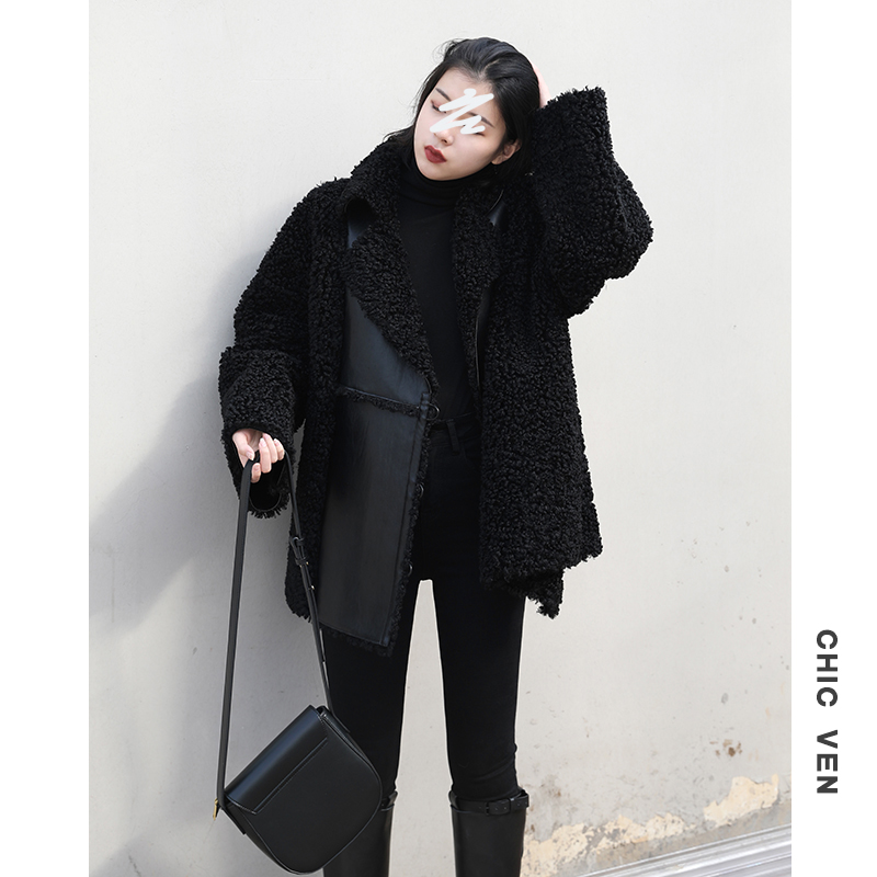 CHICVEN black retro suit collar imitation lambskin coat women's long version of 2019 winter new cotton coat cotton suit