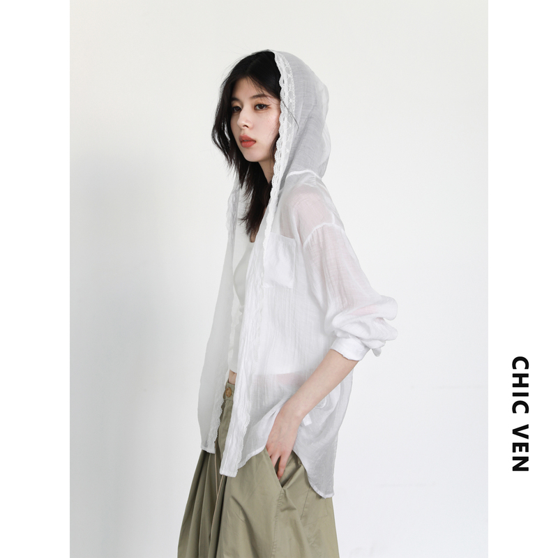 Chic Ven New Summer Hooded Lace Long-Sleeved Shirt with Texture, Light and Thin Shirt, Sun Protection Jacket Chic Ven New Summer Hooded Lace Long-Sleeved Shirt with Texture, Light and Thin Shirt, Sun Protection Jacket