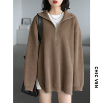 CHICVEN endless migration simple chic stand collar half open zipper side open fork knitted thick sweater women