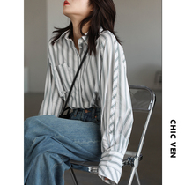 CHICVEN endless migration temperament chic loose vertical stripe shirt polo collar long sleeve shirt female autumn
