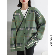 CHICVEN return to school original retro loose V-neck check knit cardigan sweater coat women Autumn