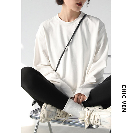 CHICVEN simple solid color loose long-sleeved layered white t-shirt women's versatile mid-length top bottoming shirt autumn and winter