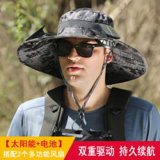 Фанаты Cap 长续航锂电池风扇太阳能充电大风力夏大沿防晒帽男遮阳渔夫帽速干