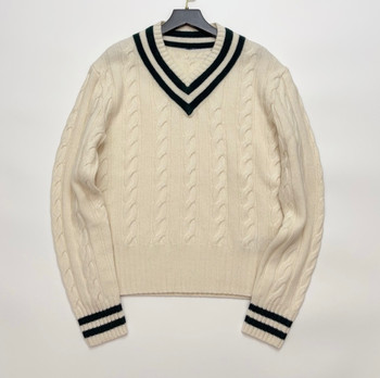 25 new autumn and winter style retro versatile college style v-neck twist pure cashmere green striped knitted sweater for women