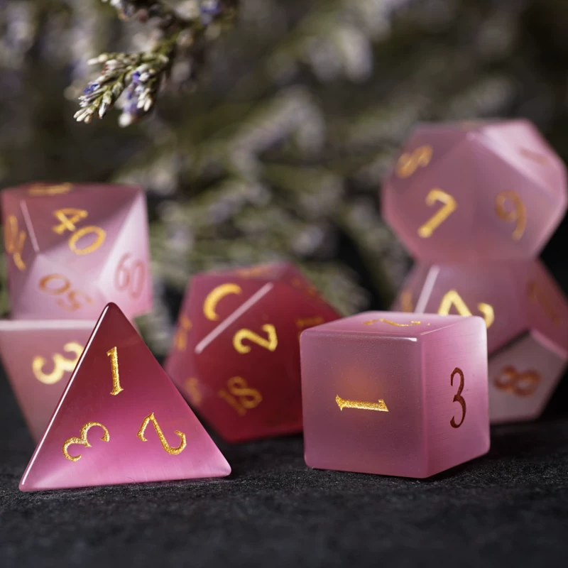 Pink dice, board game, cat's eye, with gem