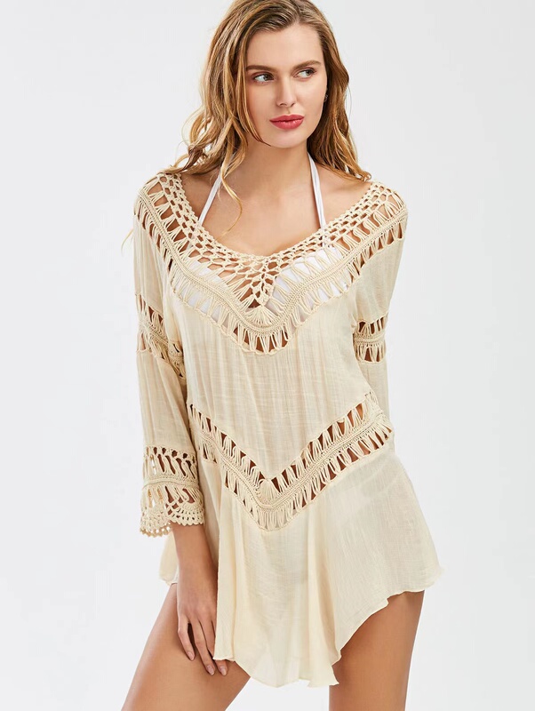 Bohemian Loose Mid-Length Wide Hem Hollow Crochet Knit Top Beach Bikini Swimsuit Cover-Up for Women