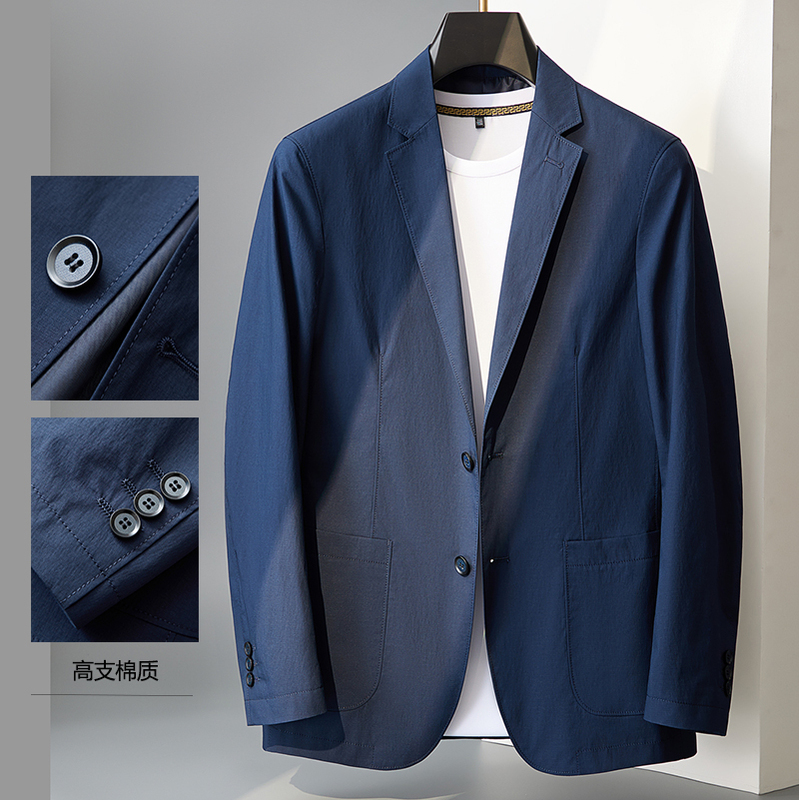 Anti-Wrinkle Cotton Casual Blazer for Men, Spring and Autumn Thin Business Style, British Style Gentleman High-End Topstitch Single-Breasted Suit Jacket