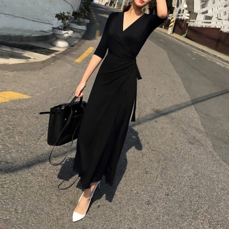 High-End Black Summer Long Dress, Elegant and Slimming, V-Neck One-Piece Wrap Dress, Sexy Long Dress, Slim Fit for Women High-End Black Summer Long Dress, Elegant and Slimming, V-Neck One-Piece Wrap Dress, Sexy Long Dress, Slim Fit for Women