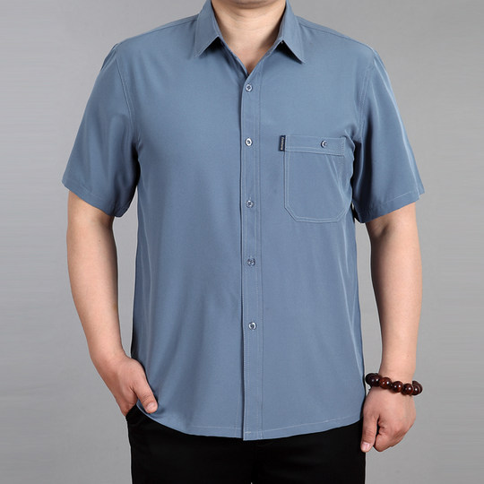 Spring and summer middle-aged and elderly men plus size short-sleeved non-ironing shirt thin section mulberry silk silk dad shirt