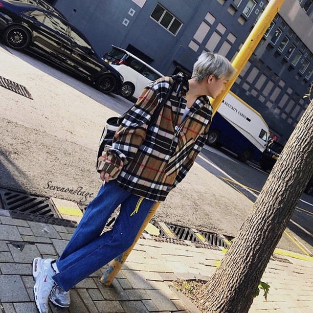 Over-tested WE11DONECOLOUR wool wool men and women Korean version of the plaid striped loose coat welldone