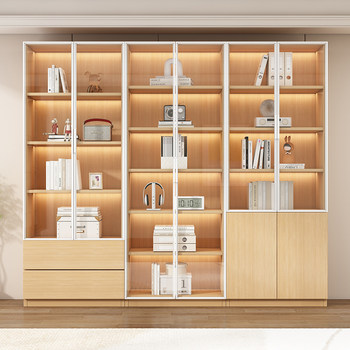 Log-Style Bookcase with Glass Door Display Cabinet, Wine Cabinet, Home Living Room Storage Integrated Wall-To-Ceiling Solid Wood Bookshelf