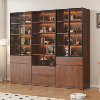 Retro Mid-Century Bookcase with Glass Door, Display Wine Cabinet, Home Living Room Integrated Wall-Mounted Storage Shelf for Figurines and Books