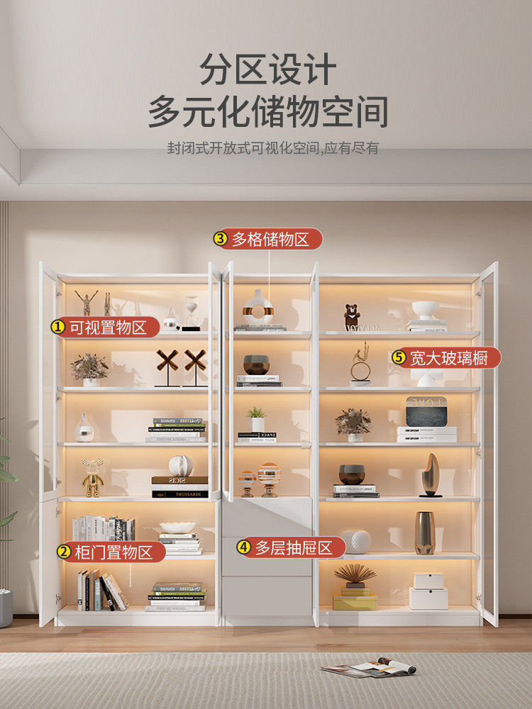 Cream-Style Bookcase Integrated with the Entire Wall to the Ceiling, High-End Modern Minimalist Display Cabinet with Glass Doors and Solid Wood Wine Cabinet Combination