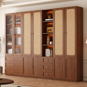 Rattan Bookcase with Vintage Style, Antique Glass Door, Integrated Wine Cabinet, Full Wall-To-Ceiling Storage, Living Room Wall-Mounted Bookshelf