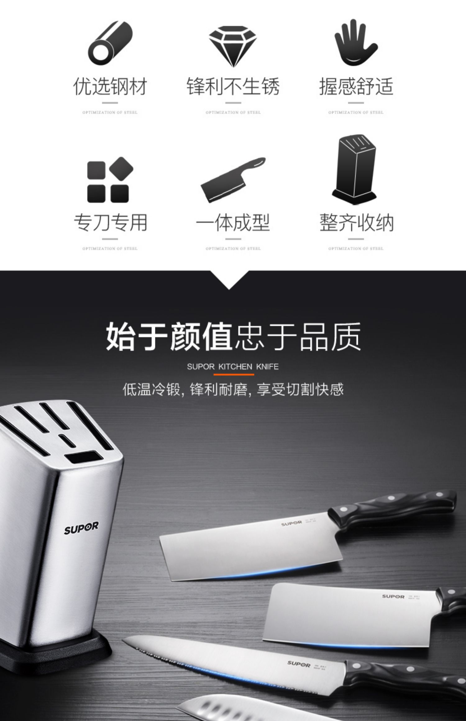 Dao cắt thép không gỉ Supor đặt dao nhà bếp cắt đầy đủ dao cắt bếp kết hợp chảo chống dính