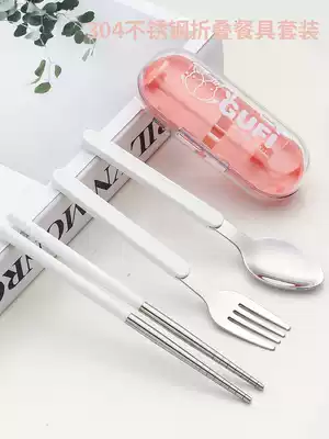 304 Stainless Steel Folding Chopsticks Spoon Fork Set Outdoor Single Retractable Portable Tableware Three Piece Set