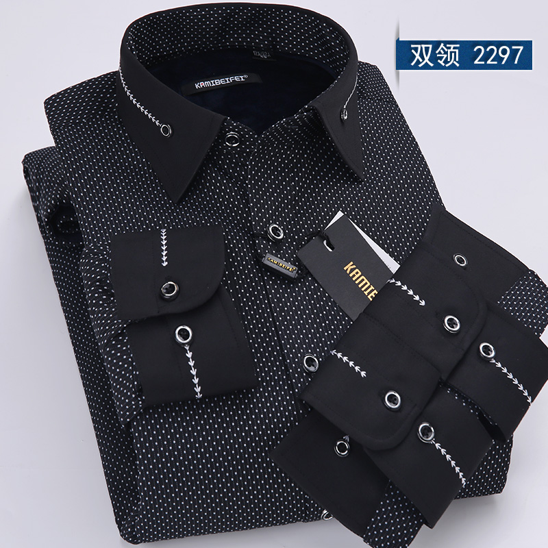 Cổ áo nam có thể tháo rời cộng với nhung dày cổ áo đôi tay áo ấm áo béo XL XL áo sơ mi nam trung niên béo áo sơ mi cộc tay nam