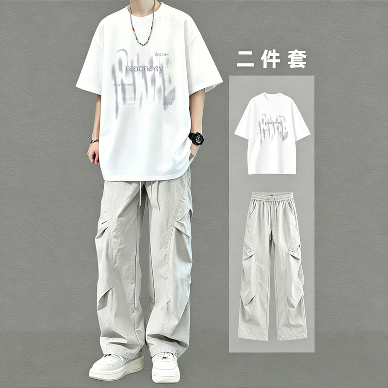 Trendy Pure Cotton Short-Sleeved T-Shirt for Men, a Summer Casual Suit for Teenagers, Cool and Handsome, Trendy Two-Piece Outfit