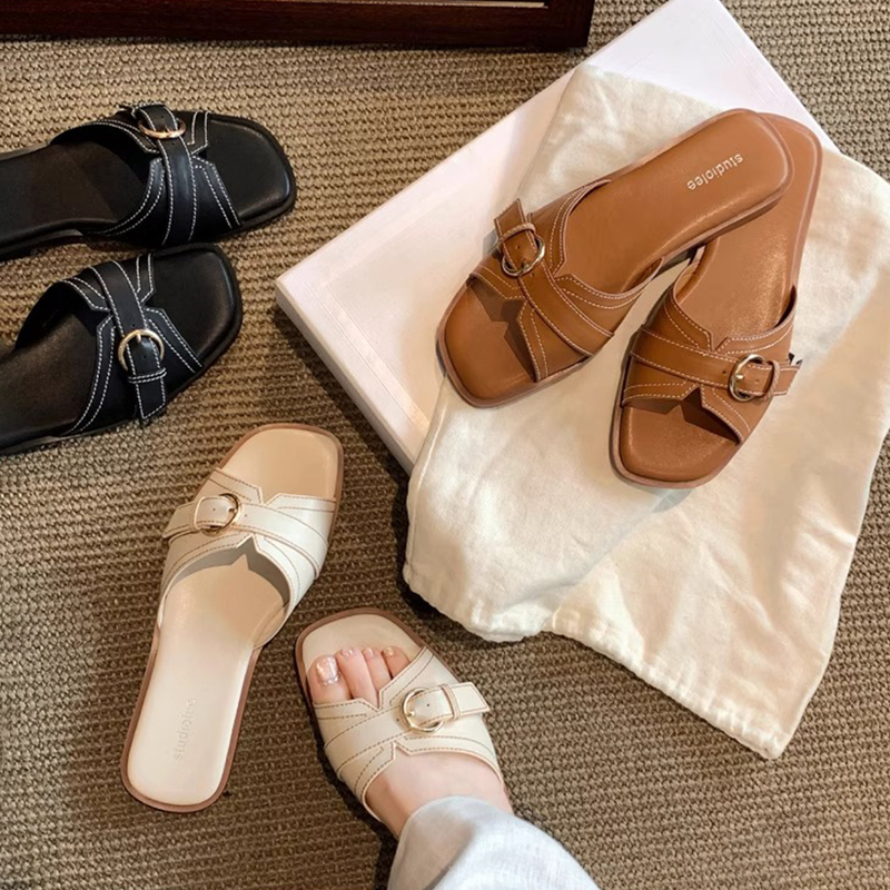 Sheepskin Version ~ French Square Buckle Flip-Flops for Women, Summer Outdoor Wear, Beach Casual Vacation Flat Sandals