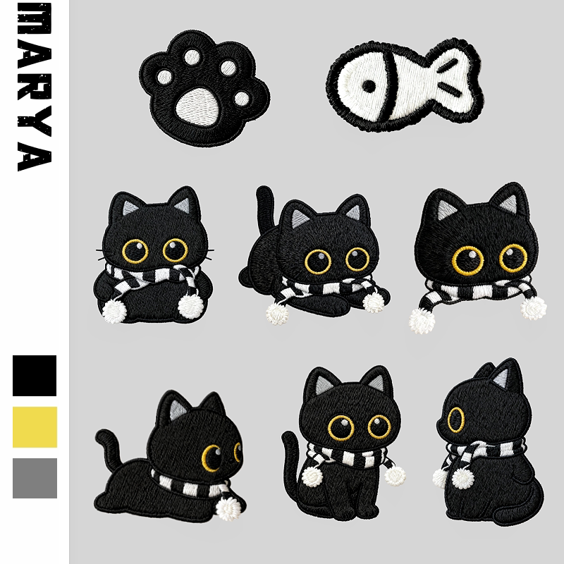 黒猫の刺繍が入ったオリジナルのかわいい白黒スカーフ、ファッション衣料、ダウンジャケット、穴の補修パッチ