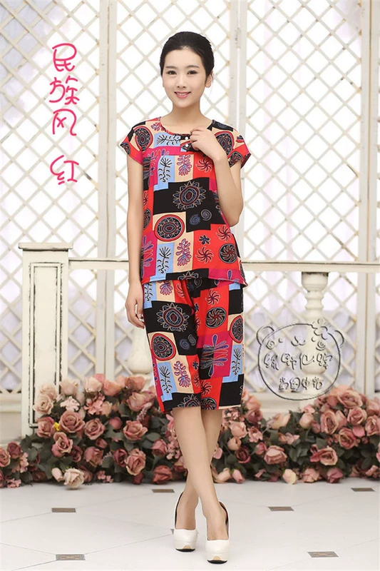 Phụ nữ trung niên mùa hè cotton nhân tạo dày cotton mùa hè Quần áo phụ nữ mẹ chồng bà mẹ bộ đồ ngủ - Quần áo của mẹ áo khoác cho phụ nữ 50 tuổi