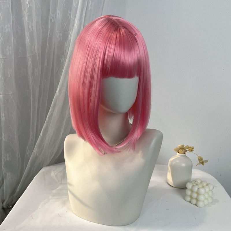 Pink Wig Full Head Set for Women, Short Hair, Internet Celebrity Style, Cute Bob, Fluffy Wig Set, Fashionable Realistic Hairstyle, Cosplay