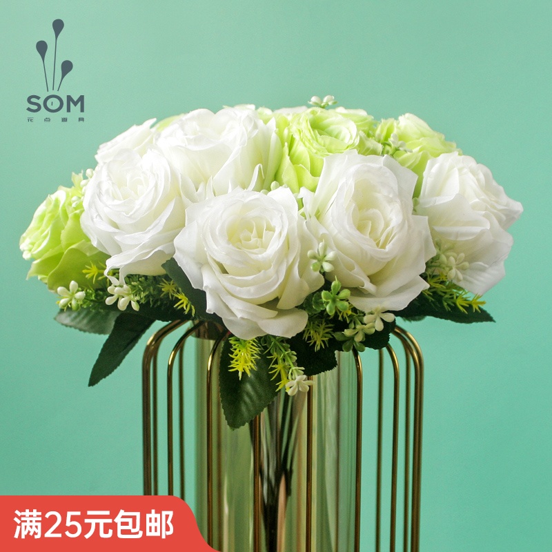 Simulation rose 18 white and green combination fake flower decoration bouquet wedding home living room flower decoration flower art