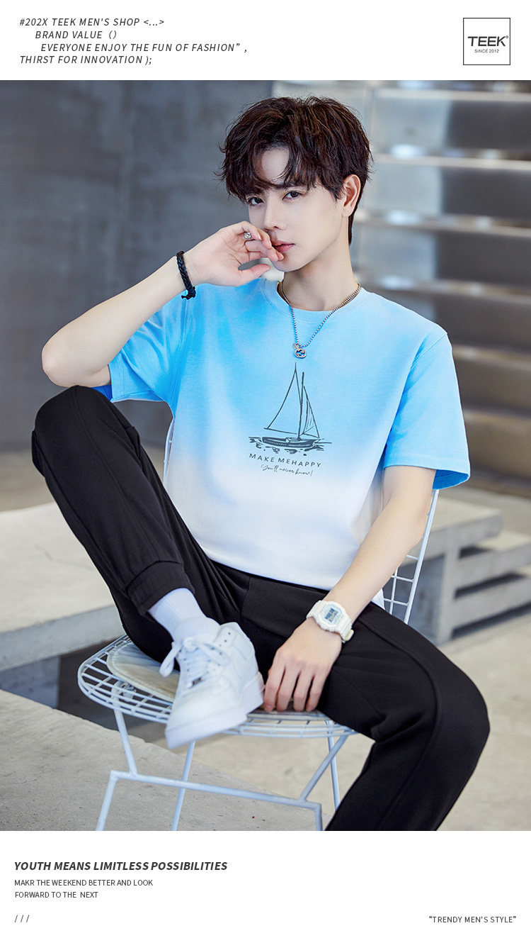 Teek2026 Summer Gradient Color T-Shirt Short-Sleeved Men's Boat Print Color-Blocking Design Pure Cotton Half-Sleeve Top — تصویر 1