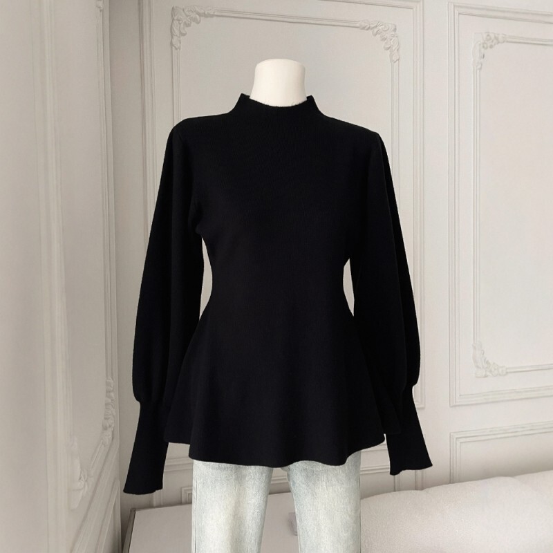 Plus Size Women's Black Half-Turtleneck Lantern Sleeve Knit Sweater Early Spring New Style for Chubby Women as Inner Layer Top