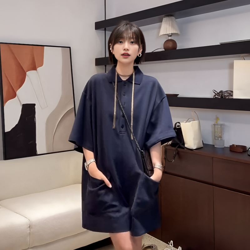 Plus Size Women's Clothing, Old Money Style, Navy Blue Polo Collar Jumpsuit, New Style for Fat Women, Loose and Slimming Casual Shorts Plus Size Women's Clothing, Old Money Style, Navy Blue Polo Collar Jumpsuit, New Style for Fat Women, Loose and Slimming Casual Shorts