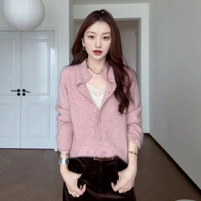 Plus-Size Korean Style Age-Reducing Pink Sweater Knit Cardigan for Women, New Autumn Model, Slimming Outerwear for Chubby Girls, Super Pretty Top