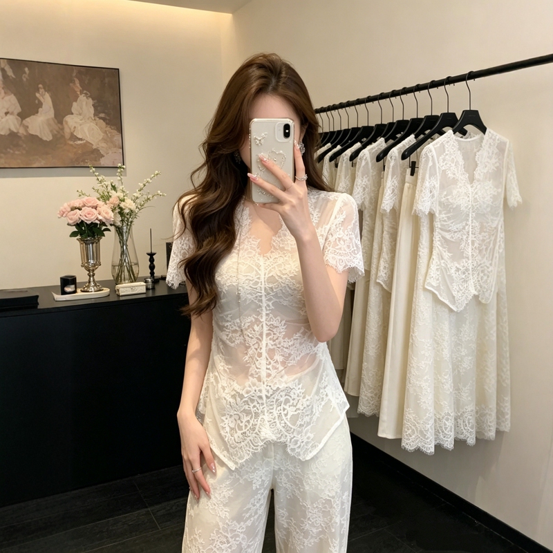 Plus Size Women's French Style New Lace Semi-Sheer V-Neck Base Shirt for Chubby Women, Waist-Cinching Short-Sleeve T-Shirt, White Sexy Top Plus Size Women's French Style New Lace Semi-Sheer V-Neck Base Shirt for Chubby Women, Waist-Cinching Short-Sleeve T-Shirt, White Sexy Top
