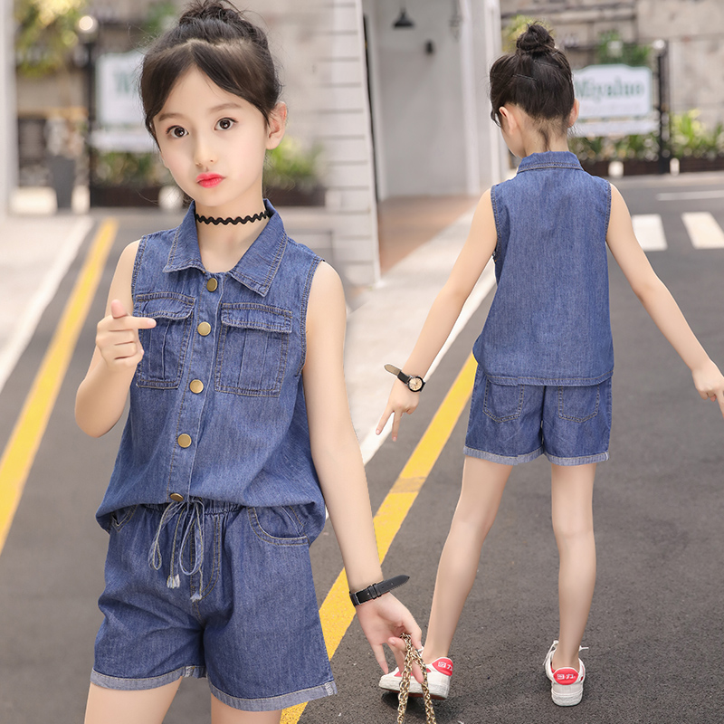 3 cô gái denim không khí bộ mùa hè 5 đứa trẻ 6 cô gái 7 Hàn Quốc phiên bản 8 mùa hè 9 tuổi 10 quần áo triều 11 thời trang 12.