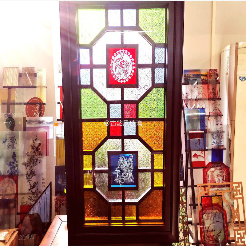 Stained art glass old-fashioned flower glass partition Manchuria window Chinese style doors and windows color-coded porch embossed wooden grid screen