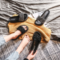 Cool slippers womens summer wear 2021 new fashion Korean version of the student word drag lazy wild thick bottom rhinestone slippers