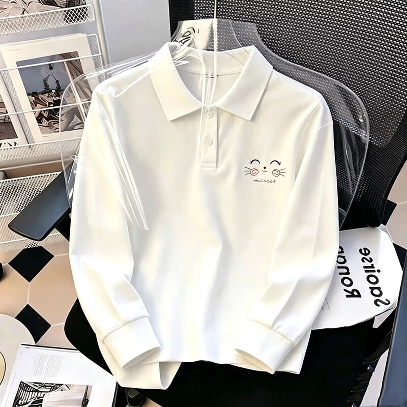 Girls' Pure Cotton White Collared Top, Long-Sleeved T-Shirt for Older Children, Spring and Autumn Inner Shirt, Elementary School Student Polo Shirt