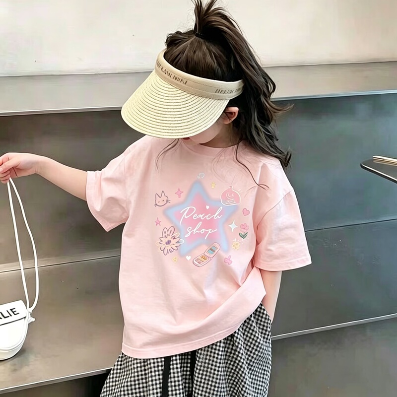 Pink Girls' Short-Sleeved Pure Cotton T-Shirt 2026 Summer New Style Kidsren's Clothing Fashionable Half-Sleeved Tops for Middle and Older Kidsren