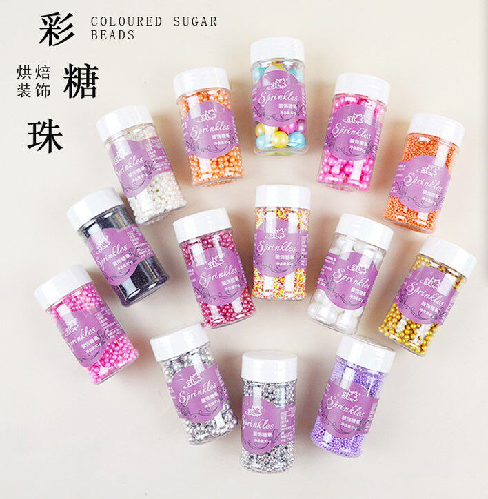 Biscuit cake dessert ice cream decorated with small coloured sugar beads baking pearl sugar 85