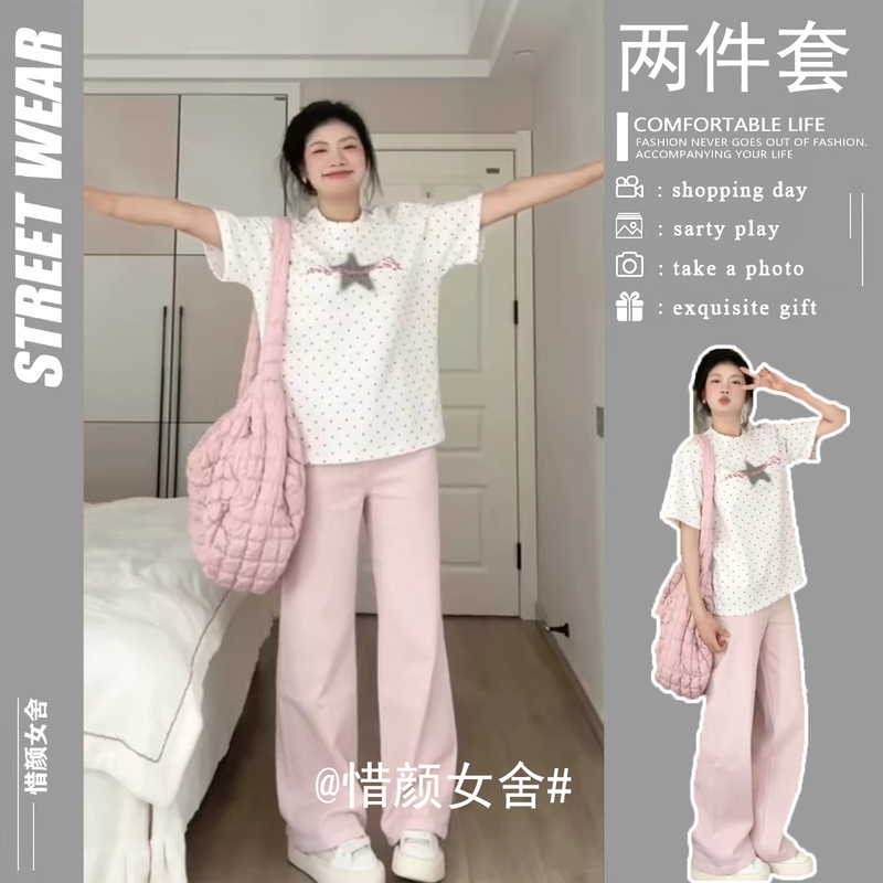 Trendy Women's Outfit: New Polka Dot Pure Cotton Short-Sleeve T-Shirt and Jeans Two-Piece Set Trendy Women's Outfit: New Polka Dot Pure Cotton Short-Sleeve T-Shirt and Jeans Two-Piece Set