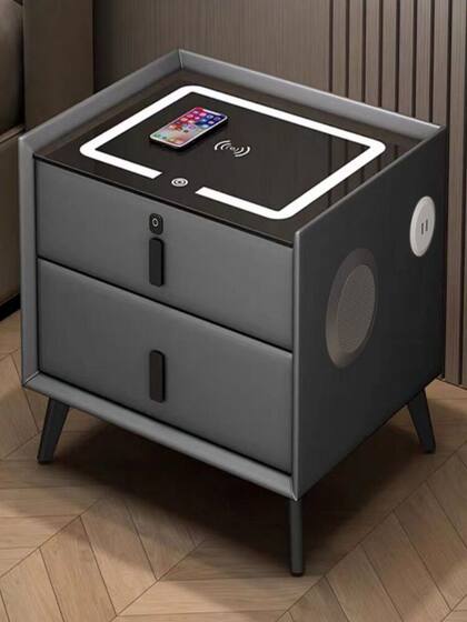 全实木智能床头柜简约现代多功能带灯无线充电指纹锁储物收纳实木