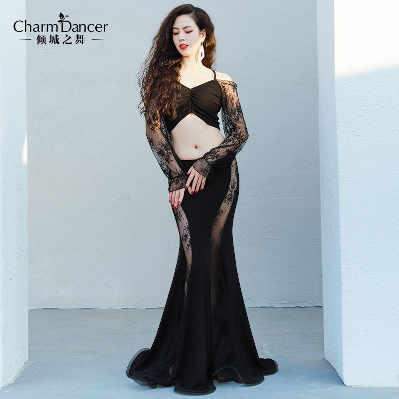 The Leaning City Dance New Belly Dance Exercises Costumes Lace Silk Splicing Elegant Temperament Fish Tail Skirt Practice Performance Wear