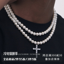 Pearl Beads Cross Stitching Necklace Rap Zircon Clavicle Chain Hip Hop Stacked European and American Inlaid Gemstone Couples