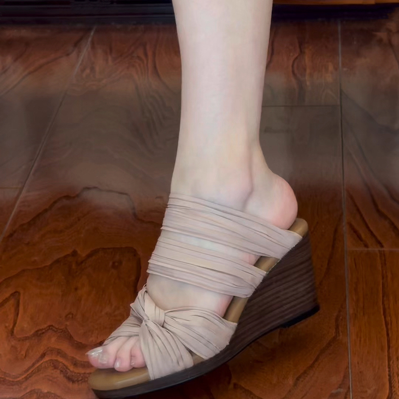 [Couge Version] Qin Xiaozheng Pleated Cross Strap Open Toe Nude High Heel Sandals Genuine Leather Bag with 34-40