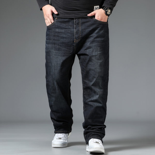 Spring and Autumn Plus-Size Business Jeans for Men, Elastic High-Waisted Straight-Leg Pants, Loose Fit for Big and Tall Individuals