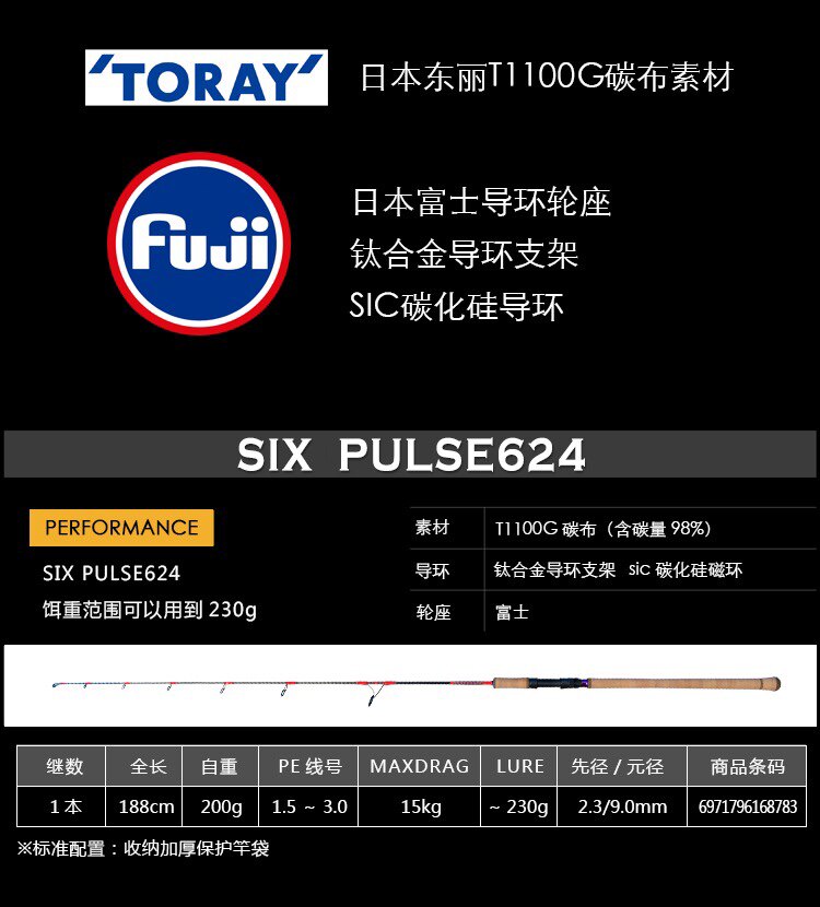 Море удочкой fishfarmer six pulse系列624 625 643 直柄独节快抽铁板竿包邮