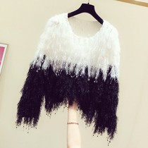 2021 autumn and winter New Korean black and white contrast tassel knits women casual temperament round neck long sleeve pullover sweater