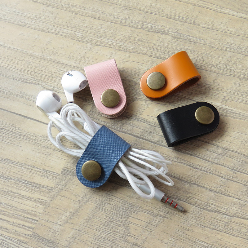 Handmade cowhide winder earphone cord storage buckle leather USB finishing Android data cable snap strap