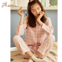 Top croaking pajamas women cotton polished long-sleeved trousers Spring and Autumn Mid-thick Plaid top Melon home clothing two-piece set
