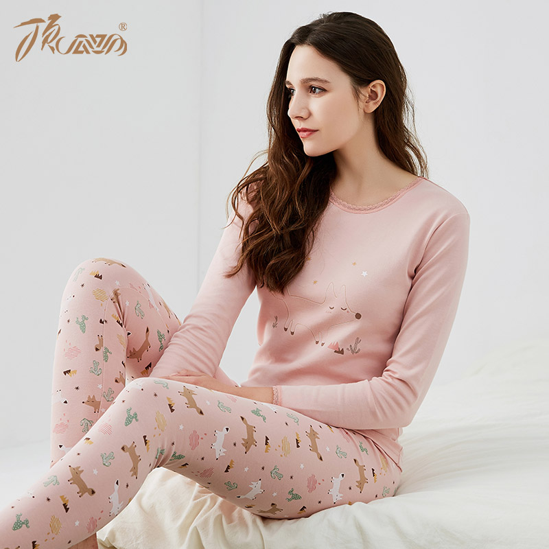 100cotton hàng đầu ấm đồ lót womens phù hợp với vòng cổ bông trung niên trong dày mùa thu quần áo áo len quần mùa thu bông.